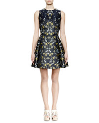 Alexander McQueen Sleeveless Fit  Flare Floral Print Dress Navy