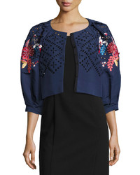 Monique Lhuillier Floral Embroidered Cropped 34 Sleeve Jacket Navy