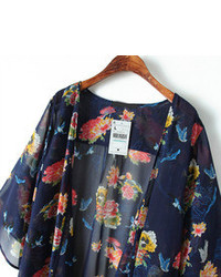 Blue Floral Crane Print Chiffon Kimono