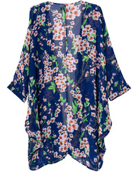 Choies Blue Sakura Print Kimono Sunscreen Chiffon Coat