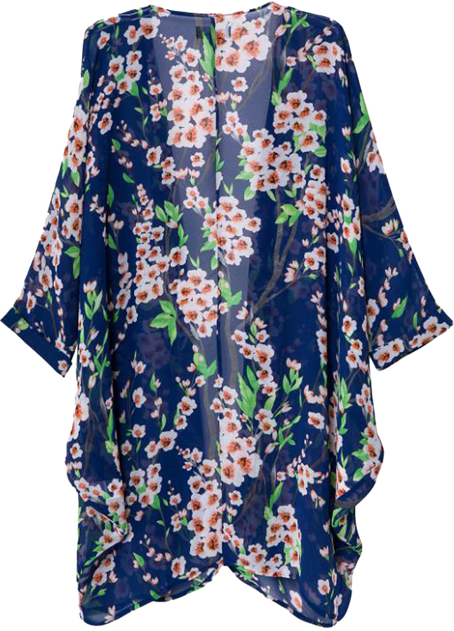 Choies Blue Sakura Print Kimono Sunscreen Chiffon Coat, $18 | Choies ...