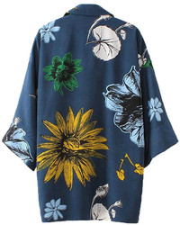 Choies Deep Blue Sunflower Print Lapel Kimono Coat
