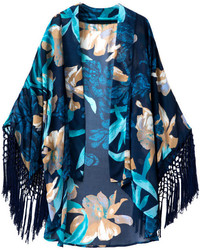 Tassel Floral Print Blue Kimono