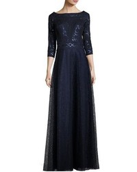 Tadashi Shoji 34 Sleeve Pintucked Floral Lace Gown Navy