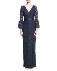 Theia Bell Sleeve Floral Lace Column Gown Navy