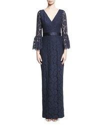 Theia Bell Sleeve Floral Lace Column Gown Navy