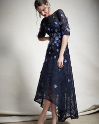 Rickie Freeman For Teri Jon Floral Lace High Low Cocktail Dress Navy