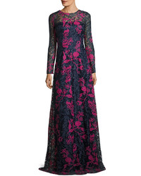 David Meister Long Sleeve Embroidered Floral Lace Gown Bluemulticolor