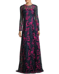 David Meister Long Sleeve Embroidered Floral Lace Gown Bluemulticolor