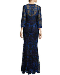 Marchesa Notte 34 Sleeve Floral Lace Gown Navy