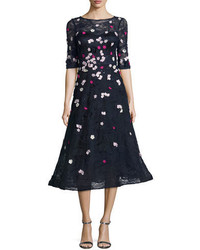 Rickie Freeman For Teri Jon 3d Floral Lace Fit  Flare Cocktail Dress Blue