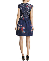 Monique Lhuillier Embroidered Floral Lace Fit Flare Dress Navy
