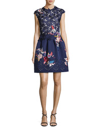 Monique Lhuillier Embroidered Floral Lace Fit Flare Dress Navy