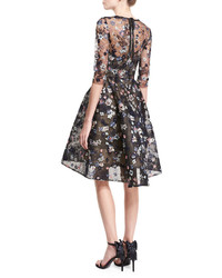 Monique Lhuillier Floral Embroidered Illusion Fit Flare Dress