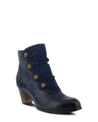Navy Floral Leather Ankle Boots