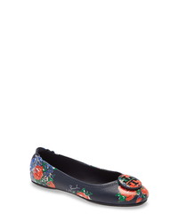 Navy Floral Leather Ballerina Shoes