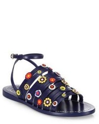 Tory Burch Marguerite Floral Leather Flat Ankle Strap Sandals
