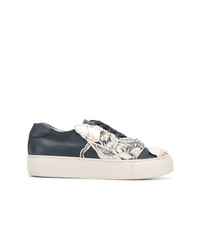 Navy Floral Leather Low Top Sneakers