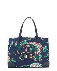 Navy Floral Leather Tote Bag