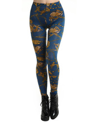 Romwe Abstract Painting Floral Print Blue Leggings