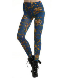 Romwe Abstract Painting Floral Print Blue Leggings