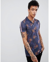 ASOS DESIGN Longline Polo In Linen Look With All Over Floral Print And Taping