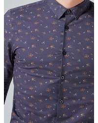 Topman Navy Floral Print Long Sleeve Shirt