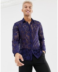 ASOS DESIGN Party Slim Fit Lace Shirt In Navy