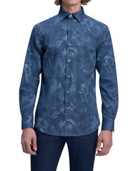 Bugatchi Shaped Fit Stretch Print Button Up Shirt In Indigo At Nordstrom