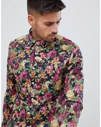 ASOS DESIGN Skinny Floral Shirt In Navy