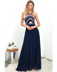 All My Life Navy Blue Embroidered Maxi Dress