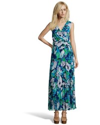 Donna Morgan Blue And Green Floral Printed Pleated Chiffon Mock Wrap Maxi Dress
