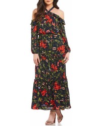 London Times Bubble Crepe Floral Print Cold Shoulder Tiered Ruffle Maxi Dress