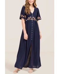 Izzy Button Down Embroidered Floral Maxi Dress Navy