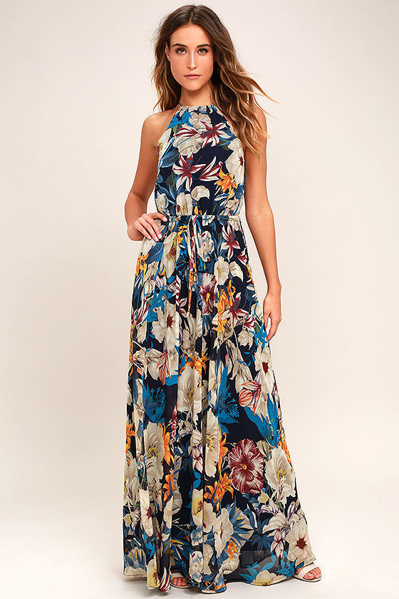 navy blue floral print maxi dress