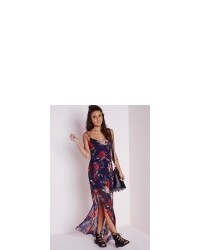 Missguided Chiffon Split Front Maxi Dress Navy Floral