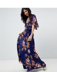 Asos Tall Pleated Maxi Dress With Flutter Sleeve In Floral Print