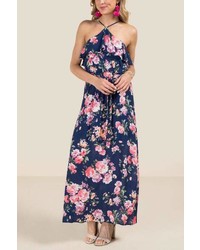 francesca's Summer Ruffle Floral Maxi Dress Navy
