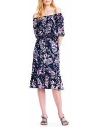 Adrianna Papell Off The Shoulder Floral Burnout Midi Dress