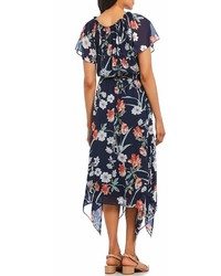 Alex Marie Luna Chiffon Floral Print Handkerchief Hem Midi Dress