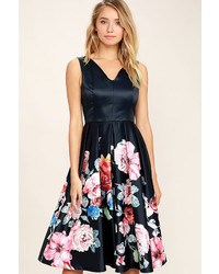 LuLu*s Anything Floral You Navy Blue Floral Print Midi Dress
