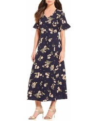 Jessica Howard Short Sleeve Floral Print Button Front Midi Dress