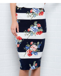 Navy White Stripe Floral Pencil Skirt Plus