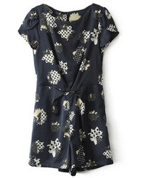 Romwe Floral Print Pleated Blue Playsuit