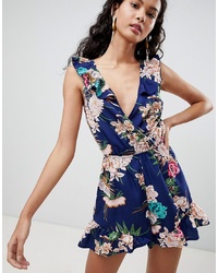 Parisian Floral Print Sleeveless Wrap Playsuit With Frill Detail