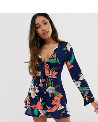 Parisian Petite Knot Front Playsuit In Navy Floral Print