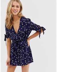 Influence Wrap Playsuit With Puff Tie Sleeve In Navy Daisy Print