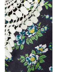 House of Holland Lace Trimmed Floral Print Satin Halterneck Maxi Dress Navy