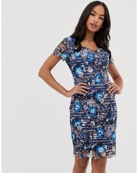 Paper Dolls Short Sleeve Floral And Strip Lace Print Midi Pencil Dress