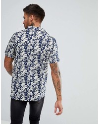 Boohooman Revere Shirt With Floral Print In Navy